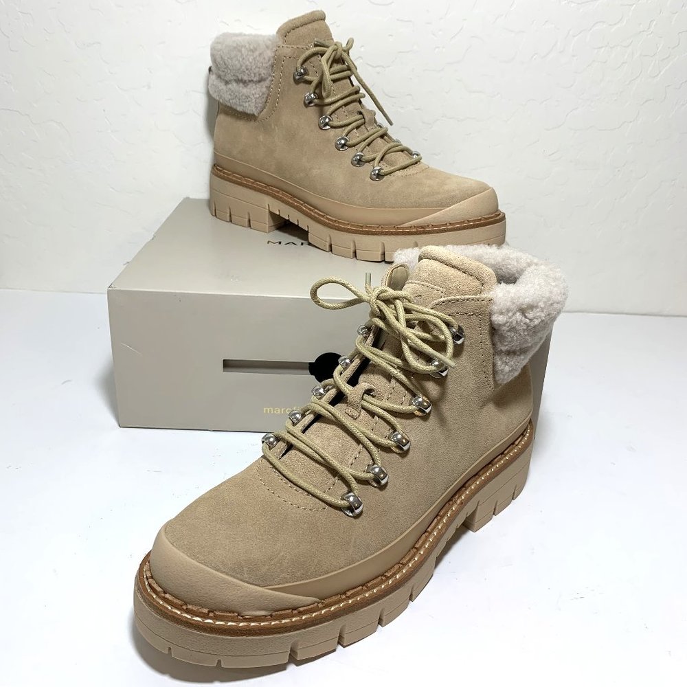 Marc Fisher LTD Cade Leather Boots Lace Up Shearling Booties Natural Size 8 NEW
